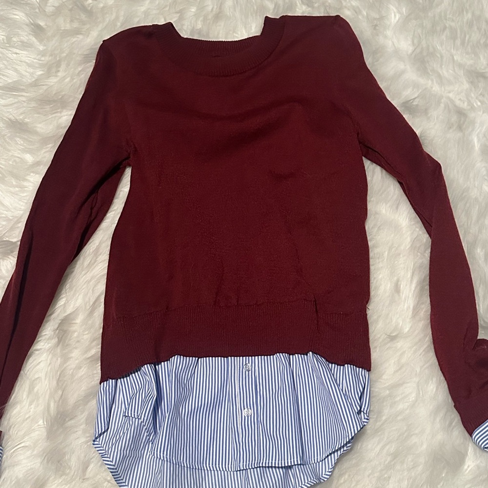Nine West Burgundy and Blue Crew Neck Sweater